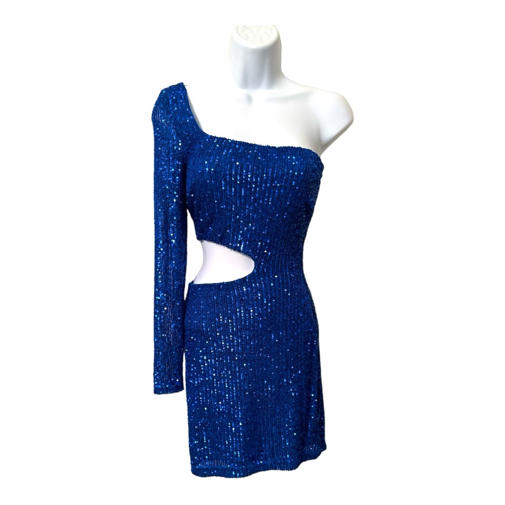 Windsor Blue Sparkle Party Sequin One Shoulder Side Cutout Mini Dress Size S NWT